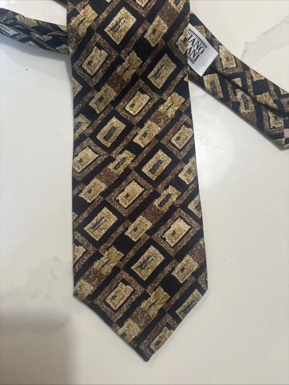 Vintage Papillon Luciano Soprani Italy Silk Tie Geometric Brown Blue Necktie